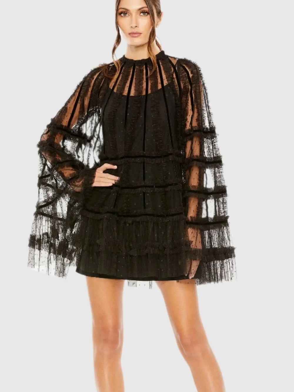 Mac Duggal Black Sheer Tiered Lace Mini Dress
